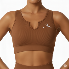 Brown Notch Neck Ribbed Sports Bra