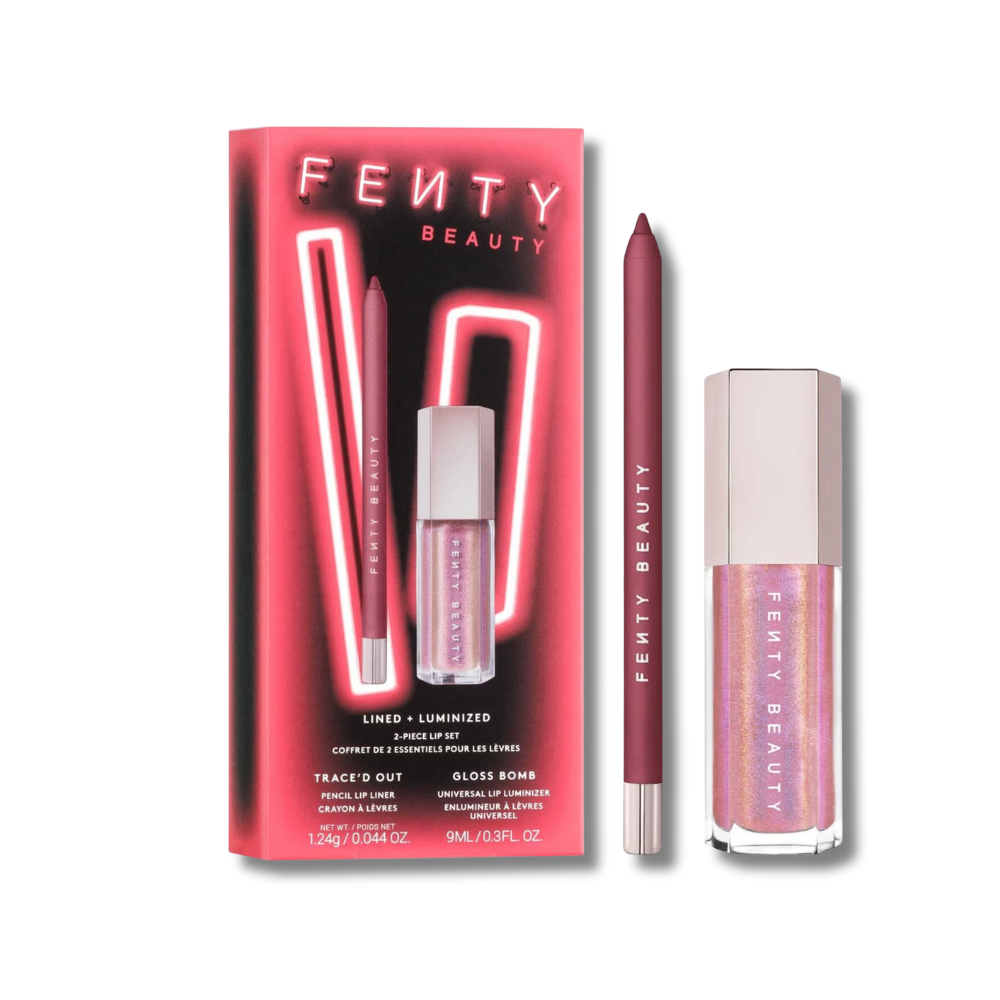 Fenty Beauty lip product set with packaging on a white background. FENTY Beauty Lined and Luminized