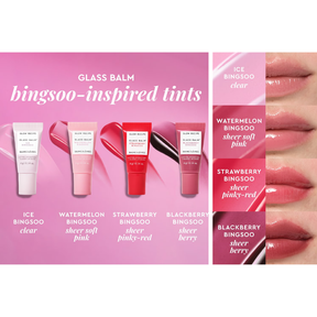 Bingsoo lip tint products with color names and a close-up of lips wearing the product. Glow Recipe Glass Balm Mini Lip Collection