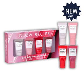 Glow Recipe glass balm mini lip collection with packaging on a white background. Glow Recipe Glass Balm Mini Lip Collection