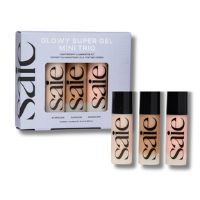 saie Glowy Super Gel Mini Trio packaging with three gel bottles on a white background. SAIE Mini Glowy Super Gel Trio 15ml x3